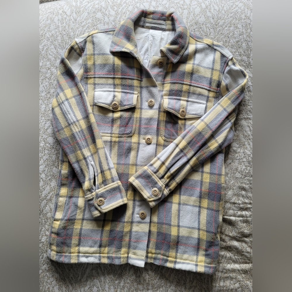 Outerknown Yellow Gray Plaid Button-Up Shacket